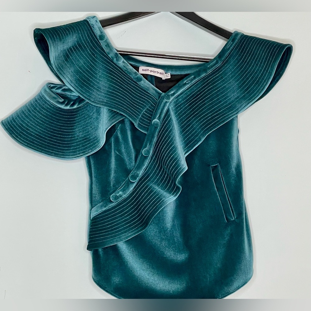 Self Portrait Emerald Green Velvet Asymmetrical Top -Size 4 (roomy)